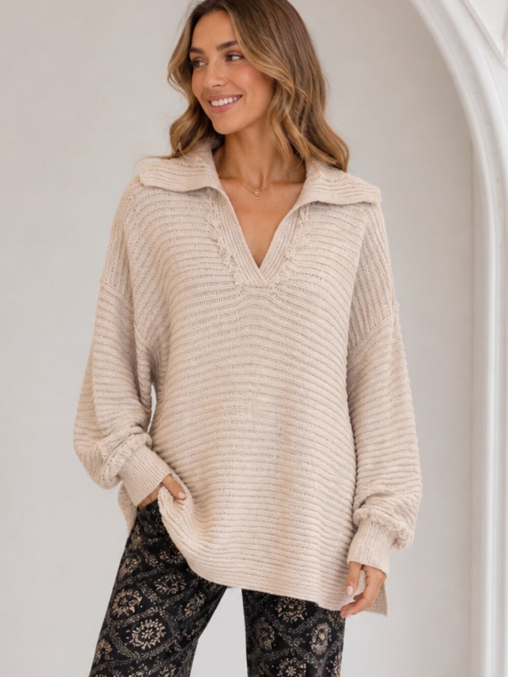 Zen + Zeus Beige Knit Sweater Medium Boho Fringe V-Neck Collared Cozy Oversized